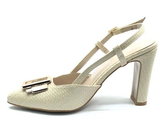 Feles Toka Detaylı Kalın Ökçe Arkası Açık Stiletto Kadın Topuklu Ayakkabı - Resim 8