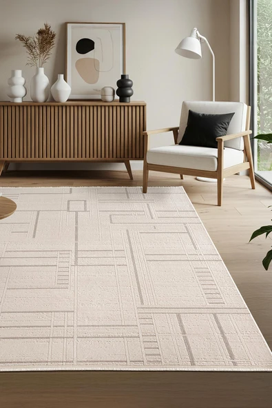 Leon LN004A Krem Halı Modern Desen Pamuk Taban Akrilik Tozuaz Salon Yatak Odası Koridor Halısı 160 X 230 KREM