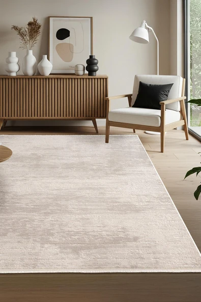 Leon LN001G Krem Halı Modern Desen Pamuk Taban Akrilik Tozuaz Salon Yatak Odası Koridor Halısı 80 X 300 KREM-GRI