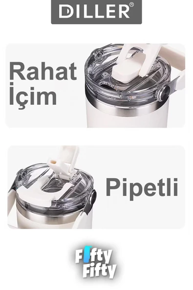 DILLER 620 ML Tek Kapak Çift Kullanım Pipetli/Pipetsiz Taşıma Kulplu Mug/Çelik Termos-FFDILLERD9168 - 12