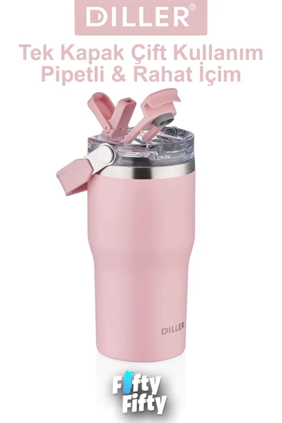 DILLER 620 ML Tek Kapak Çift Kullanım Pipetli/Pipetsiz Taşıma Kulplu Mug/Çelik Termos-FFDILLERD9168 - 3