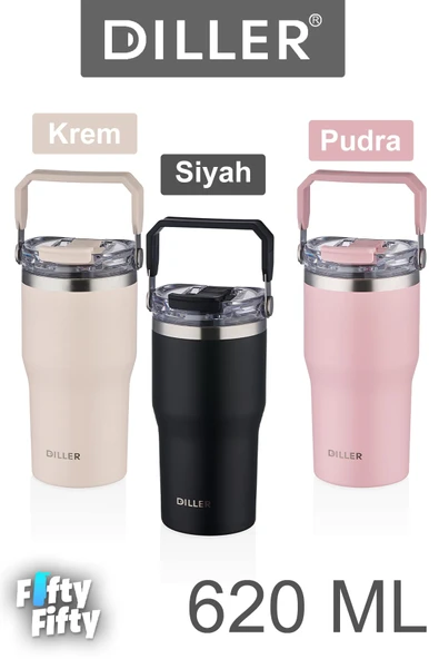 DILLER 620 ML Tek Kapak Çift Kullanım Pipetli/Pipetsiz Taşıma Kulplu Mug/Çelik Termos-FFDILLERD9168 - 9