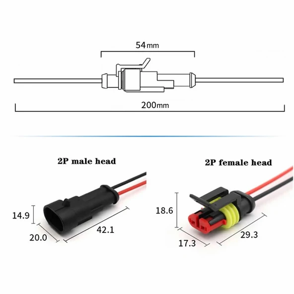 2 Pin Kablolu Su Geçirmez Konnektör Çift  IP65 200mm Kilitli Erkek Dişi Kolay Bağlantı Soketi Elektrikli Bisiklet Scooter Motor Araba Yat Karavan - 8