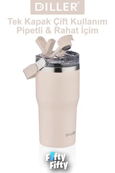 DILLER 620 ML Tek Kapak Çift Kullanım Pipetli/Pipetsiz Taşıma Kulplu Mug/Çelik Termos-FFDILLERD9168 - 11