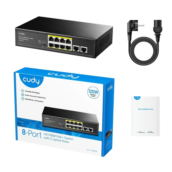 Cudy FS1010P 8 Port 10/100Mbps  2FE Uplink VLAN&Extend Mode 250m 120W POE+ Ethernet Switch - Resim 3