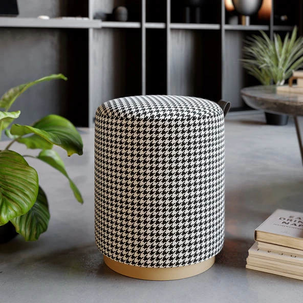 Macaria Puf, Oturma Odası, Antre Puf, Beyaz-Siyah, Gold Metal Ayak