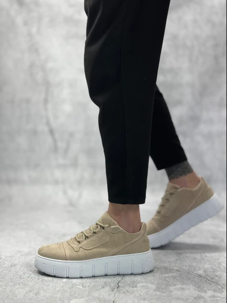 Pabucmarketi Bağcıklı Erkek Günlük Ayakkabı KREM (BEYAZ TABAN) - Resim 4