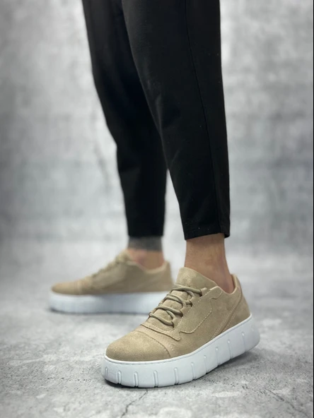 Pabucmarketi Bağcıklı Erkek Günlük Ayakkabı KREM (BEYAZ TABAN) - Resim 3