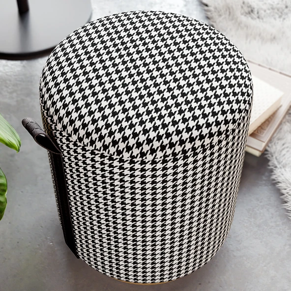 Macaria Puf, Oturma Odası, Antre Puf, Beyaz-Siyah, Gold Metal Ayak - 4