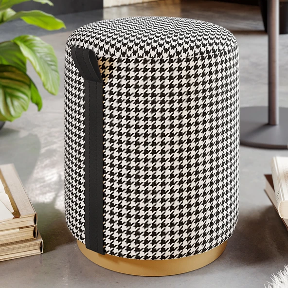 Macaria Puf, Oturma Odası, Antre Puf, Beyaz-Siyah, Gold Metal Ayak - 8