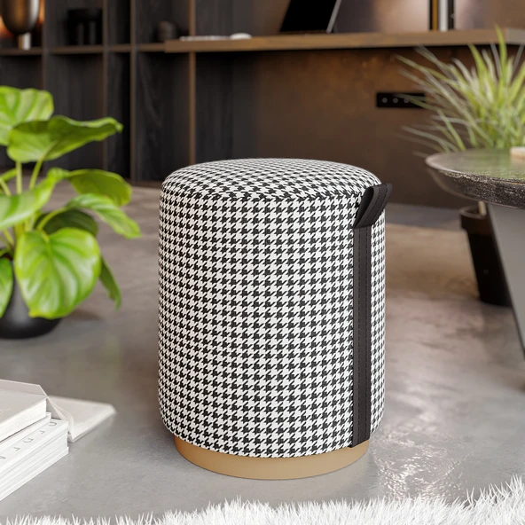 Macaria Puf, Oturma Odası, Antre Puf, Beyaz-Siyah, Gold Metal Ayak - 6