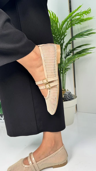 Günlük Kadın Babet Fileli Çift Bantlı Tokalı Oval Burunlu Tırtıklı Taban Kısa Topuklu Ayakkabı 315 - 4