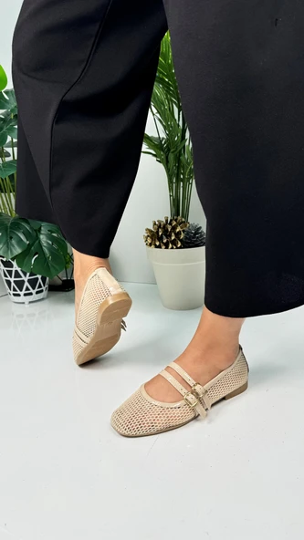 Günlük Kadın Babet Fileli Çift Bantlı Tokalı Oval Burunlu Tırtıklı Taban Kısa Topuklu Ayakkabı 315 - 7