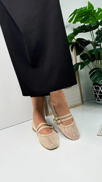 Günlük Kadın Babet Fileli Çift Bantlı Tokalı Oval Burunlu Tırtıklı Taban Kısa Topuklu Ayakkabı 315 - 8