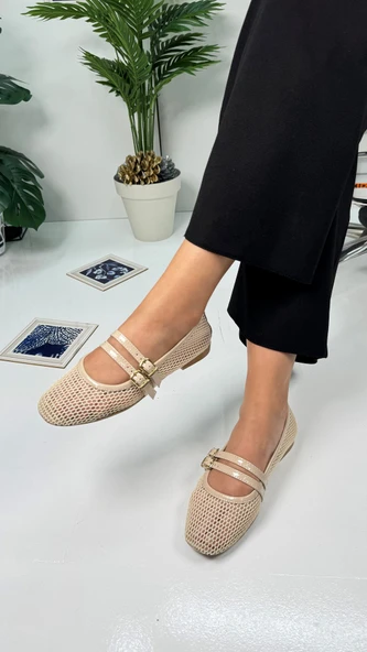 Günlük Kadın Babet Fileli Çift Bantlı Tokalı Oval Burunlu Tırtıklı Taban Kısa Topuklu Ayakkabı 315 - 2