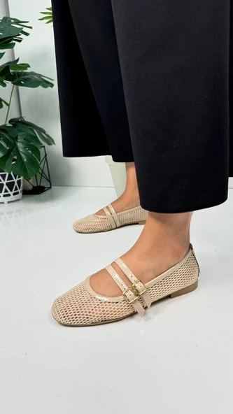 Günlük Kadın Babet Fileli Çift Bantlı Tokalı Oval Burunlu Tırtıklı Taban Kısa Topuklu Ayakkabı 315 - 5