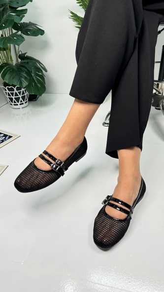 Günlük Kadın Babet Fileli Çift Bantlı Tokalı Oval Burunlu Tırtıklı Taban Kısa Topuklu Ayakkabı 315 - 10