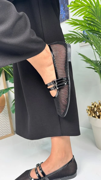 Günlük Kadın Babet Fileli Çift Bantlı Tokalı Oval Burunlu Tırtıklı Taban Kısa Topuklu Ayakkabı 315 - 12