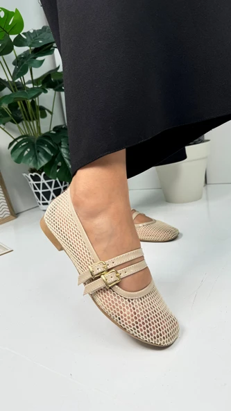 Günlük Kadın Babet Fileli Çift Bantlı Tokalı Oval Burunlu Tırtıklı Taban Kısa Topuklu Ayakkabı 315 - 6