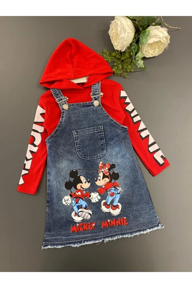 Minnie Desenli Badili Çantalı 2 Li  Kız Çocuk Ayarlanabilir Askılı Uzun Kollu Kot Jile