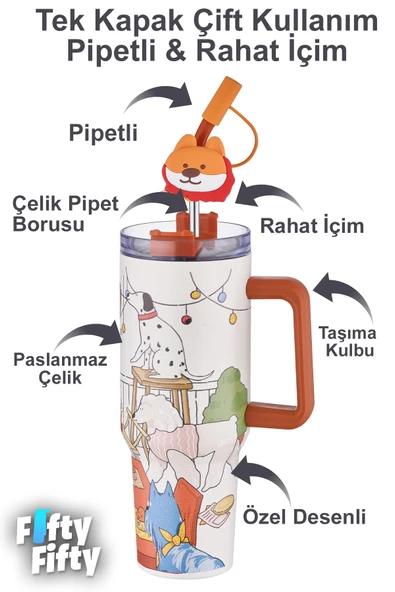 DILLER Quencher Cup 1200 ML Pipetli/Rahat İçim Kulplu Paslanmaz Çelik Termos -FFDILLERD9222 - 2
