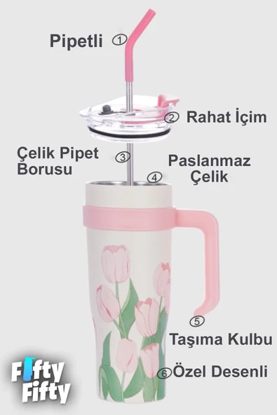DILLER Quencher Cup 1200 ML Pipetli/Rahat İçim Kulplu Paslanmaz Çelik Termos -FFDILLERD9120 - 3