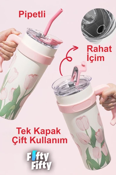 DILLER Quencher Cup 1200 ML Pipetli/Rahat İçim Kulplu Paslanmaz Çelik Termos -FFDILLERD9120 - 2