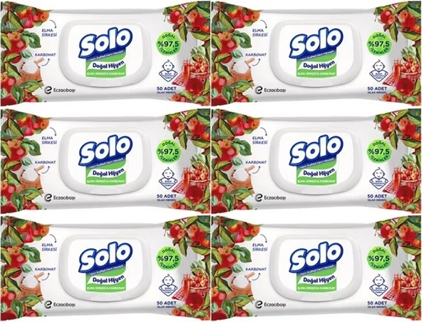 Solo Islak Havlu Mendil 50 Yaprak Elma Sirkesi & Karbonat (6 Lı Set) (2PK*3) 300 Yaprak