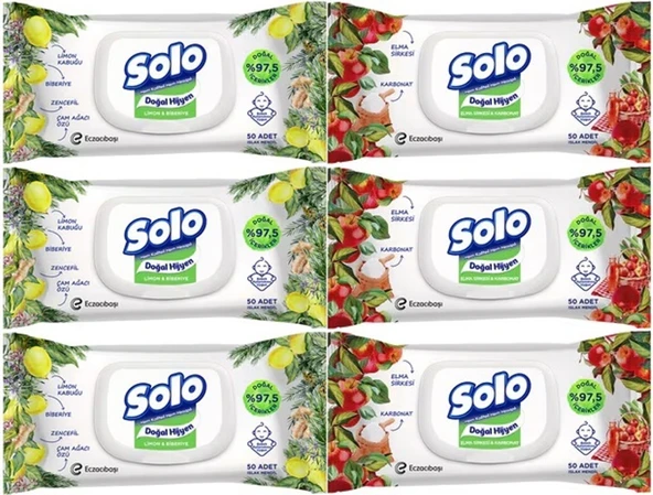Solo Islak Havlu Mendil 50 Yaprak Limon & Biberiye-Elma Sirkesi & Karbonat (6 Lı Karma Set)