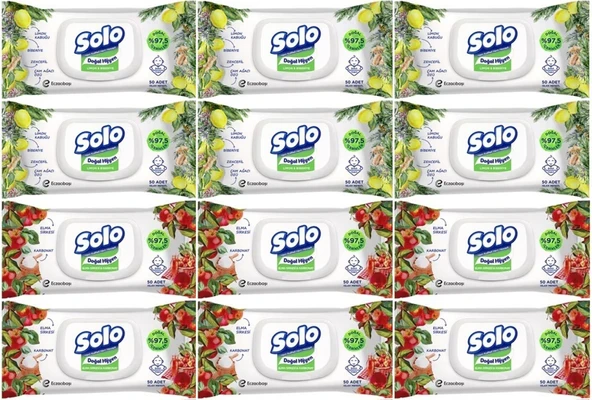 Solo Islak Havlu Mendil 50 Yaprak Limon & Biberiye-Elma Sirkesi & Karbonat (12 Li Karma Set)