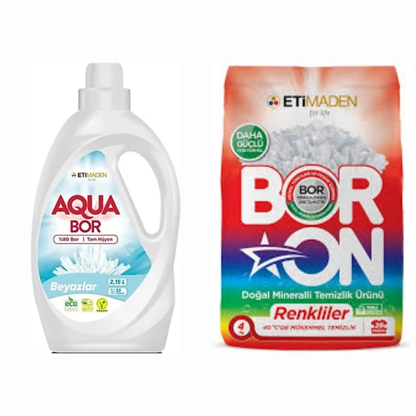 AQUABOR SIVI ÇAMAŞIR DETERJANI BEYAZLAR İÇİN 33 YIKAMA + BORON TOZ 4 KG RENKLİLER İÇİN 26 YIKAMA TM