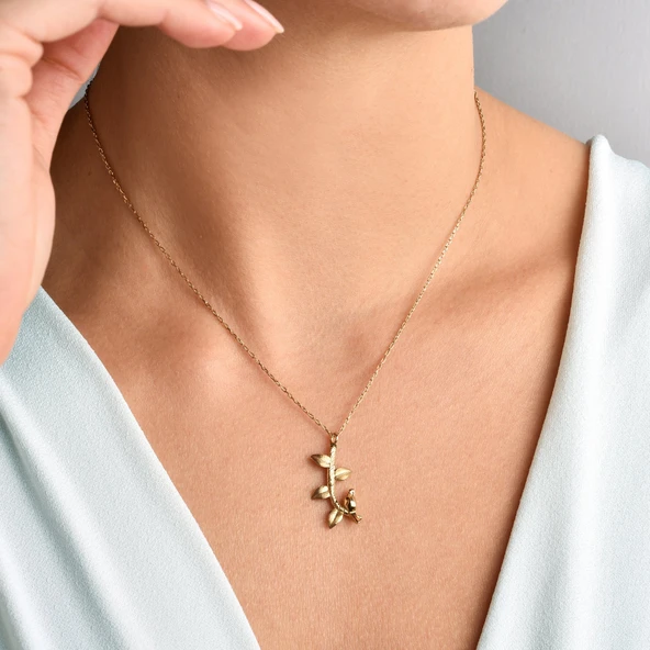 14 Ayar Altın Kaplama Dalda Kuş Temalı Gümüş Kolye - CN00438 - Resim 3