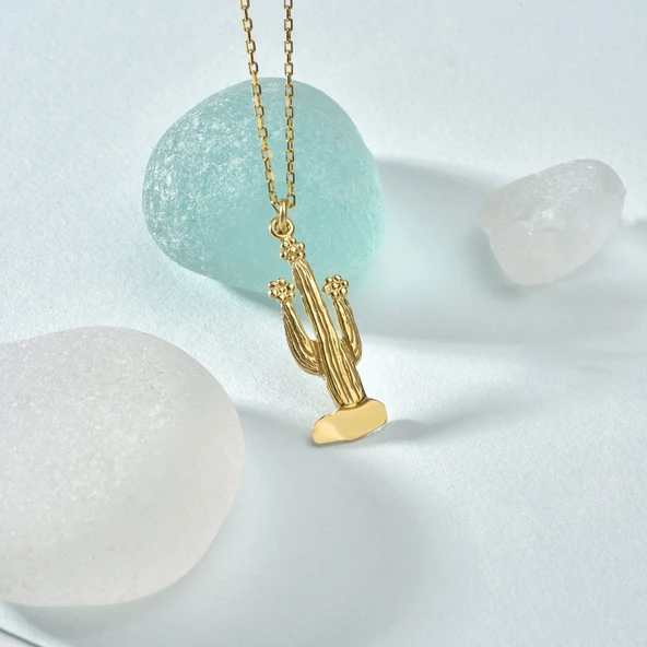 14 Ayar Altın Kaplama Kaktüs Gümüş Kolye - CN00440 - Resim 2