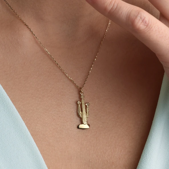 14 Ayar Altın Kaplama Kaktüs Gümüş Kolye - CN00440 - Resim 3