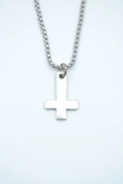 Minimal Ters Haç Gümüş Kaplama Örme Zincir Kolye ürün görseli 1