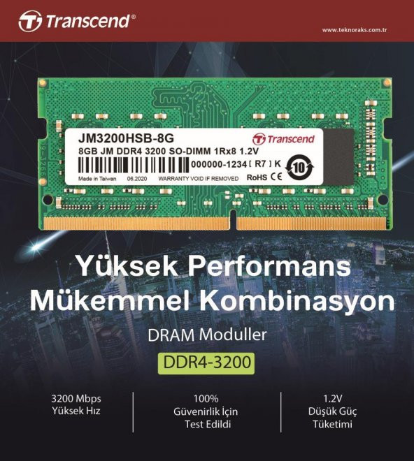 Transcend JM3200HSB-8G 8GB DDR4 3200Mhz CL22 1.2V Notebook Ram - 3