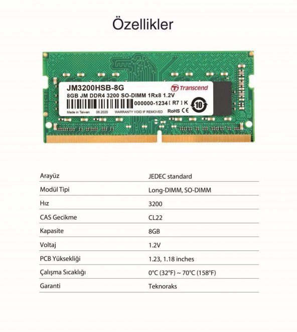 Transcend JM3200HSB-8G 8GB DDR4 3200Mhz CL22 1.2V Notebook Ram - 8