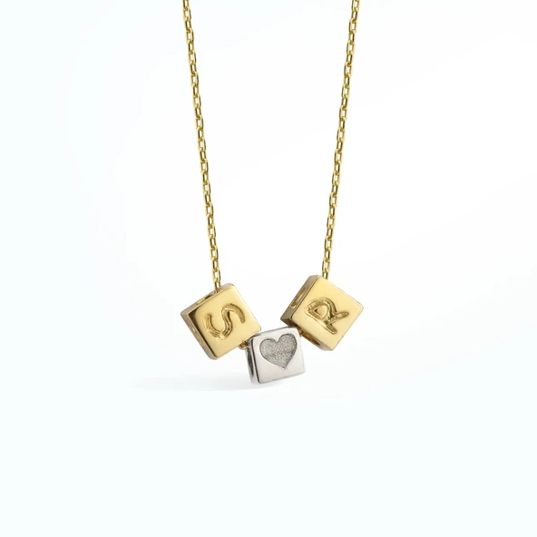 14 Ayar Altın Mikron Kaplama Kişiye Özel Küp İki Harf ve Sembol Gümüş Kolye - CN00436 - Resim 3