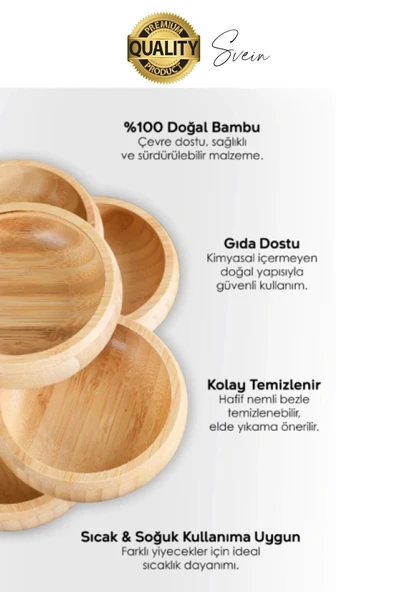 Premium 3'lü Doğal Bambu Çerezlik Seti Ahşap Dekoratif Sade Kase Yuvarlak Atıştırmalık Kabı Sosluk - 3