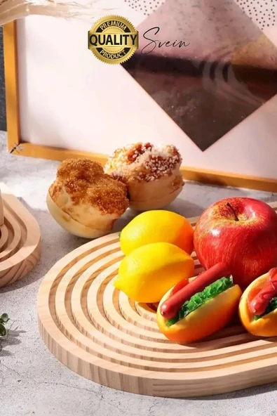 Dekoratif Ahşap Oymalı Kahverengi Gökkuşağı Çay Kahve Sunum Tepsisi Tabağı Doğal Şık Dekor Sunumluk - 2