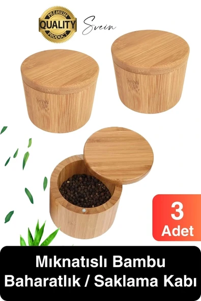 Premium Doğal Bambu Saklama Kabı Ahşap Baharat Kavanozu Kutusu Döner Kapaklı Mutfak Yuvarlak Tuz