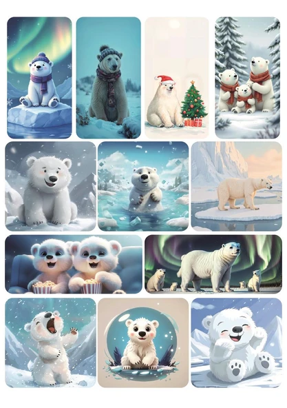 12 Adet Sevimli Kutup Ayısı Sticker ürün görseli