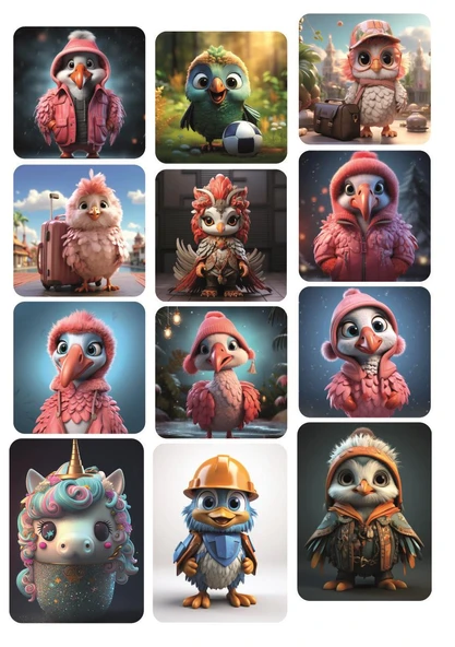 12 ADET Kuş Temalı (Birds) Kare Sevimli Stickerlar ürün görseli