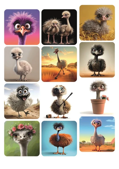 12 Adet Kare Tasarım Sticker Sevimli Deve Kuşu ürün görseli