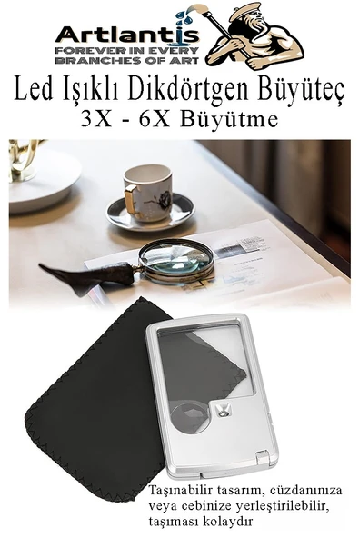 Led Işıklı Kart Tipi Büyüteç 1 Adet 3X 6X Büyütme Lens El Tipi Mercek Cep Büyüteç Kılıflı Okul Büro Ofis - 3