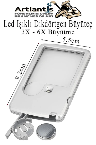 Led Işıklı Kart Tipi Büyüteç 1 Adet 3X 6X Büyütme Lens El Tipi Mercek Cep Büyüteç Kılıflı Okul Büro Ofis - 2