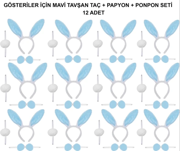 Mavi Tavşan Kostüm Seti – Taç, Papyon, Ponpon (12’li Paket)