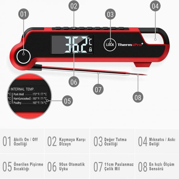 Thermopro TP620 Su Geçirmez Katlanabilir LED Ekranlı Gıda Pişirme Termometresi - 3