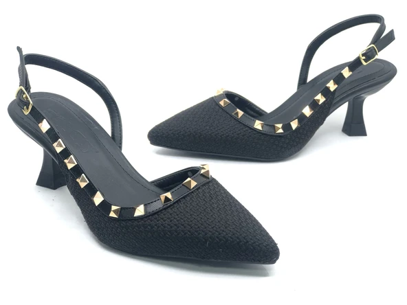 Feles Hasır Zımba Detaylı Arkası Açık Stiletto Kadın Topuklu Ayakkabı - 2