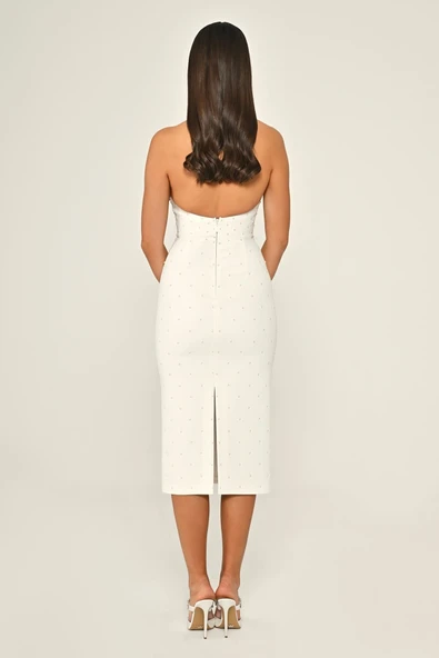 Halter Yaka Boncuklu Krep Midi Abiye Elbise Alfa Beta B7028 - Resim 7